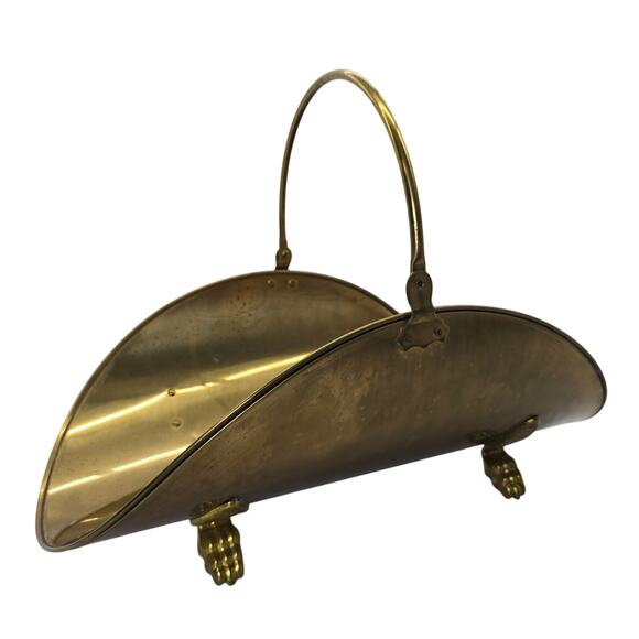 Vintage Tole Brass Claw Footed Fireplace Log Holder Carrier Mid Century 21" Long - Picture 1 of 10
